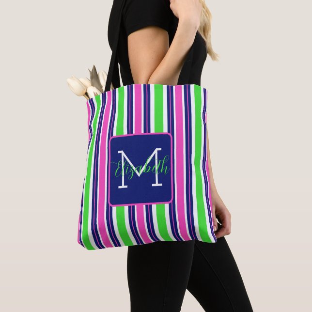 Preppy Pink Green Navy Blue Strip Monogram (Von Nahem)