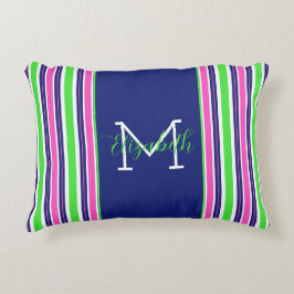Preppy Pink Green Navy Blue Strip Monogram Dekokissen