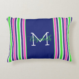 Preppy Pink Green Navy Blue Strip Monogram Dekokissen