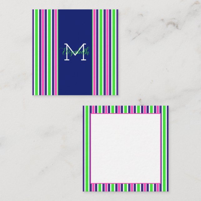Preppy Pink Green Navy Blue Strip Monogram Mitteilungskarte (Vorne/Hinten)
