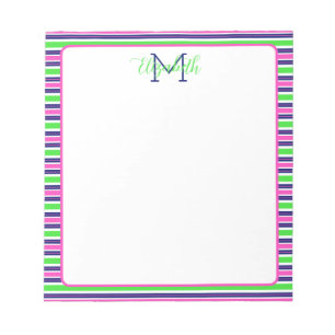 Preppy Pink Green Navy Blue Strip Monogram Notizblock