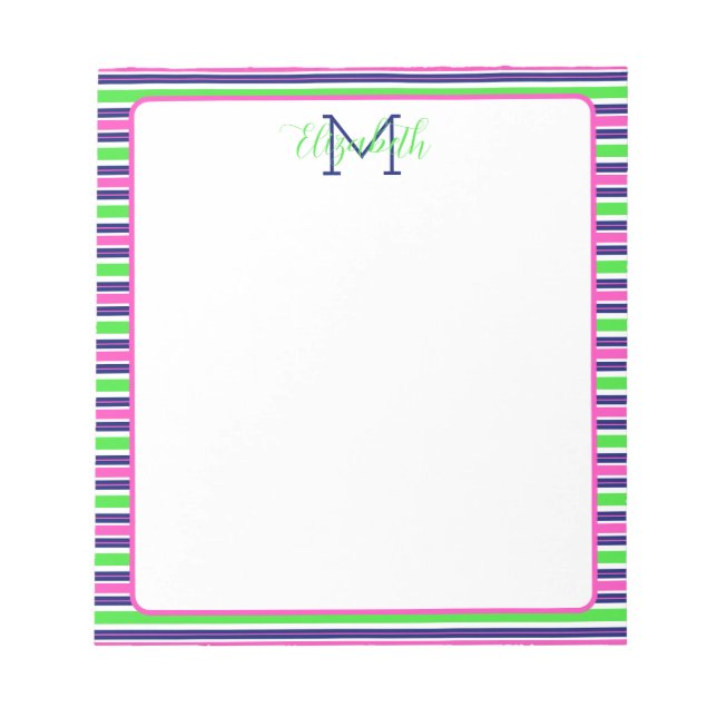 Preppy Pink Green Navy Blue Strip Monogram Notizblock (Vorderseite)