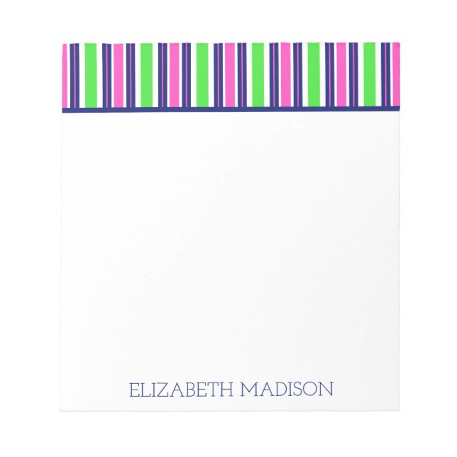 Preppy Pink Green Navy Blue Strip Monogram Notizblock (Vorderseite)
