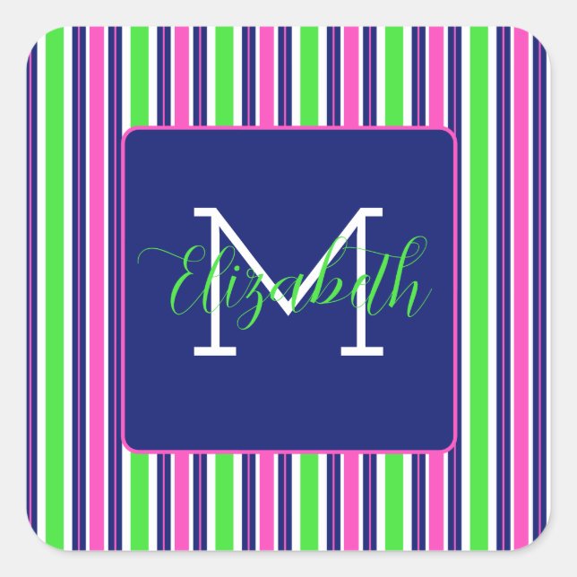 Preppy Pink Green Navy Blue Strip Monogram Quadratischer Aufkleber (Vorderseite)