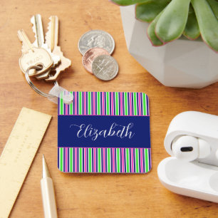 Preppy Pink Green Navy Blue Strips Personalisiert Schlüsselanhänger