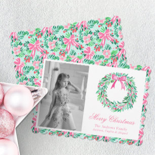 Preppy Pink & Green Palm Beach Wreath Foto Feiertagskarte