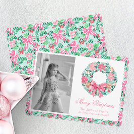 Preppy Pink & Green Palm Beach Wreath Foto Feiertagskarte