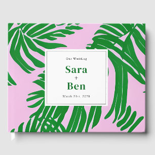 Preppy Pink + Green Palm Tree Wedding Gästebuch