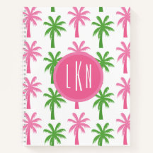Preppy Pink & Green Palm Trees Monogram Notebook
