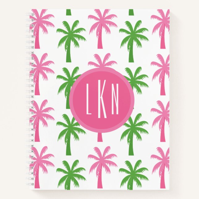 Preppy Pink & Green Palm Trees Monogram Notebook Notizbuch (Vorderseite)