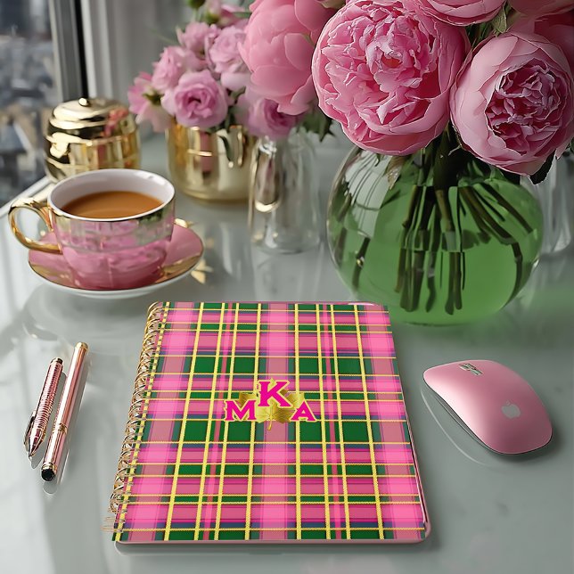 Preppy Pink & Green Plaid | Monogrammed Planner Planer (Stylish Preppy Plaid Pink and Green Monogrammed Planner /Glossy Soft Cover or Matte Hardcover)