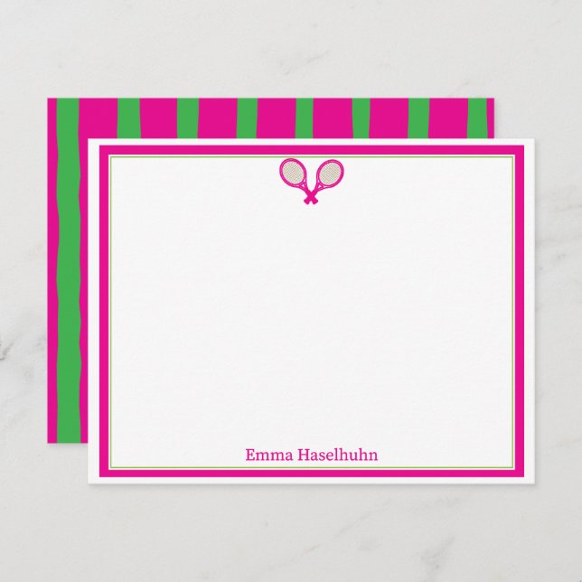Preppy Pink & Green Tennis Flat Card Stationary  Dankeskarte (Vorne/Hinten)