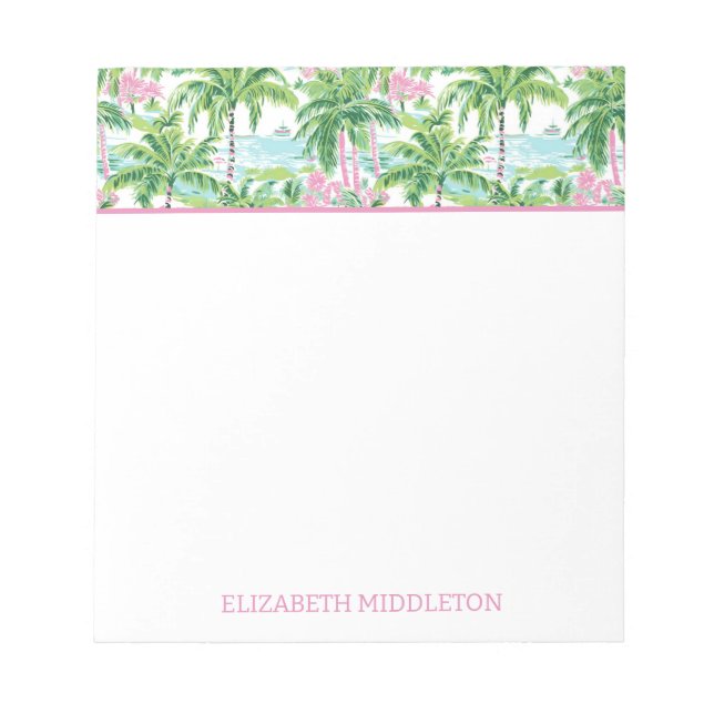 Preppy Pink Green Tropical Palm Tree Personalisier Notizblock (Vorderseite)