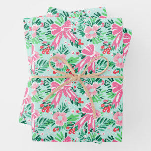 Preppy Pink & Green Weihnachten Blume & Bows Geschenkpapier Set