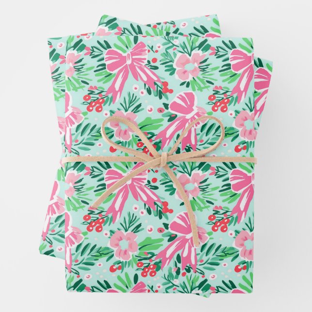 Preppy Pink & Green Weihnachten Blume & Bows Geschenkpapier Set (Beispiel)