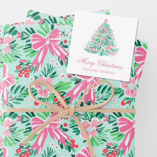 Preppy Pink & Green Weihnachtsbaum Geschenkverpack Mitteilungskarte