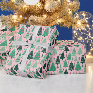 Preppy Pink & Green Weihnachtsbaumen Geschenkpapier