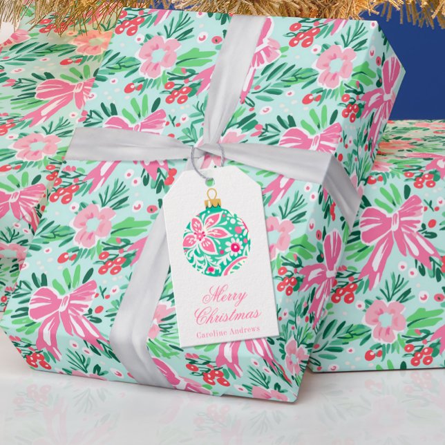Preppy Pink & Green Weihnachtsschmuck Geschenkanhänger (Von Creator hochgeladen)