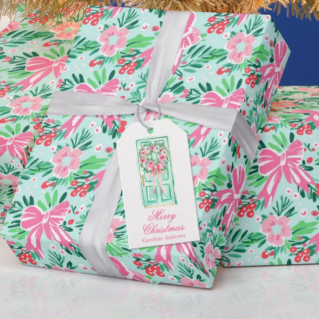 Preppy Pink & Green Weihnachtstür Geschenkanhänger (Von Creator hochgeladen)