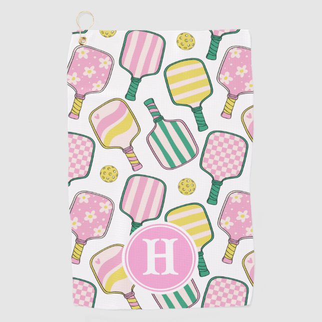 Preppy Pink Green Yellow Picklebal Monogram Handtu Golfhandtuch (Vorderseite)