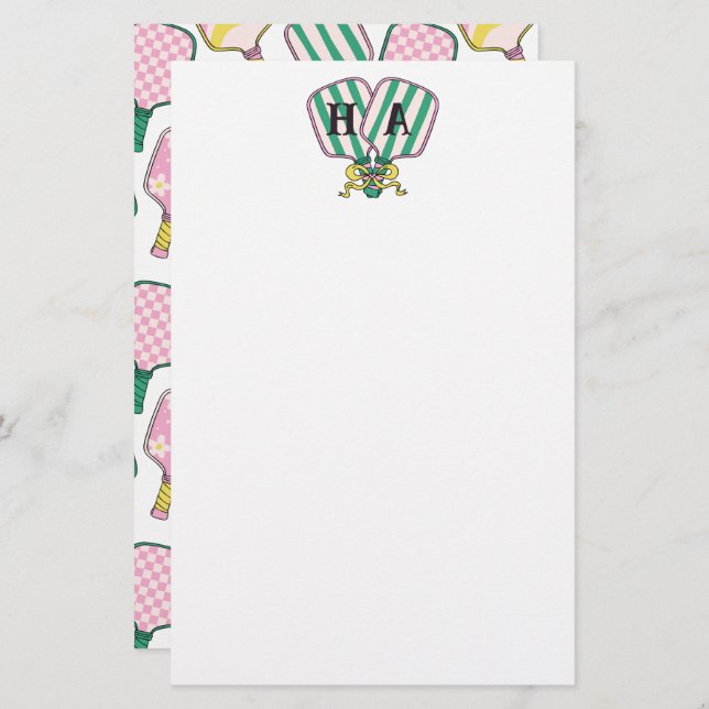 Preppy Pink Green & Yellow Pickleball Monogram Briefpapier (Vorne/Hinten)