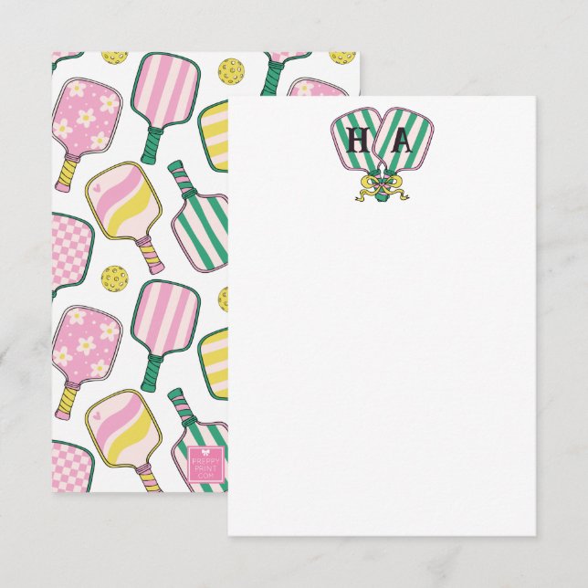 Preppy Pink Green & Yellow Pickleball Monogram Dankeskarte (Vorne/Hinten)
