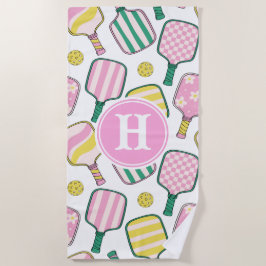 Preppy Pink Green & Yellow Pickleball Monogram Strandtuch