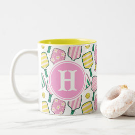 Preppy Pink Green & Yellow Pickleball Monogram Zweifarbige Tasse