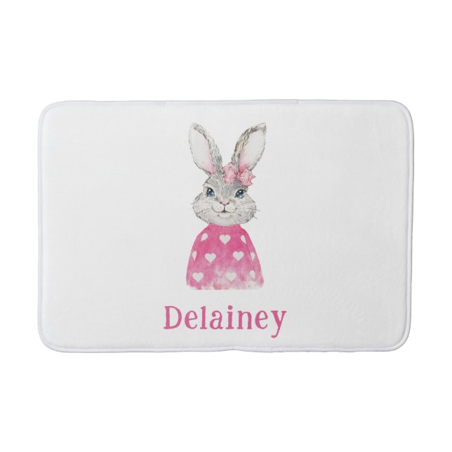 Preppy Pink Heart Bow Bunny Personalisiert Badematte (Vorderseite)