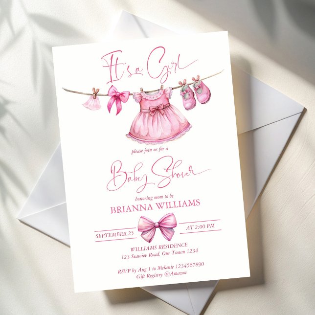 Preppy pink Kleidung auf einer Linie Mädchen Babyd Einladung (Preppy cute pink clothes on a line bow girls baby shower invitation template instant download)