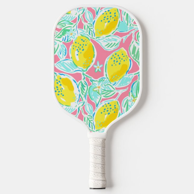 Preppy Pink Lemon Muster Pickleball Schläger (Vorderseite)