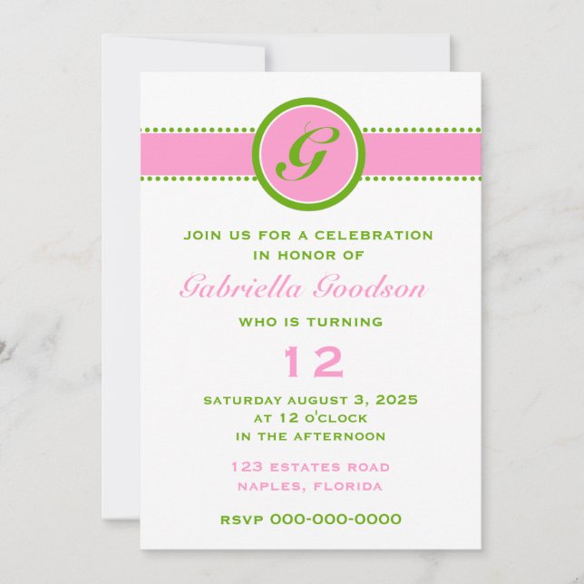 Preppy Pink & Lime Green Monogram Strip 2 Einladung (Vorderseite)