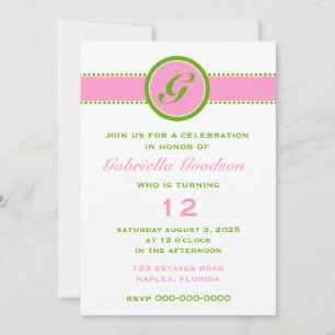 Preppy Pink & Lime Green Monogramm Strip Überrasch Einladung