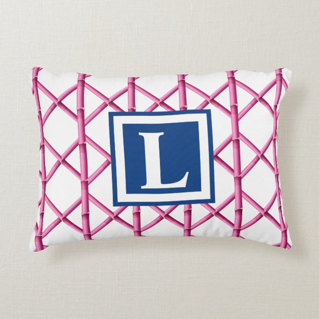 Preppy Pink Navy Trellis Bamboo Muster Monogram Dekokissen (Vorderseite)