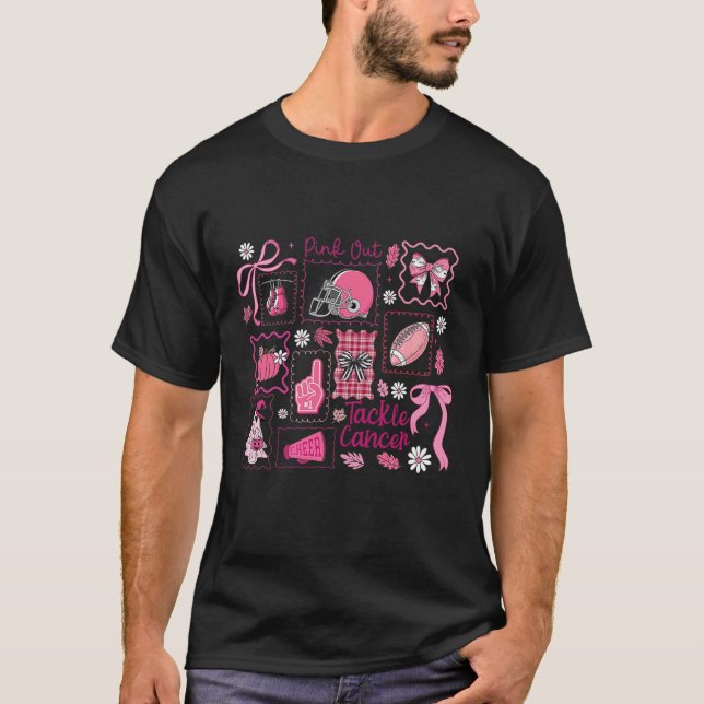 Preppy Pink Out Tackle Brustkrebs Footll Bow Ha T-Shirt (Vorderseite)