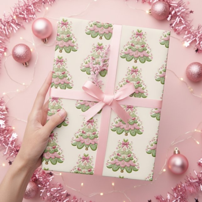 Preppy Pink Pastel Weihnachtsbaum Geschenkpapier (Von Creator hochgeladen)