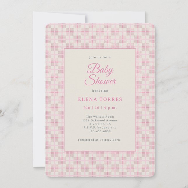 Preppy Pink Plaid Baby Shower Invitation Einladung (Vorderseite)