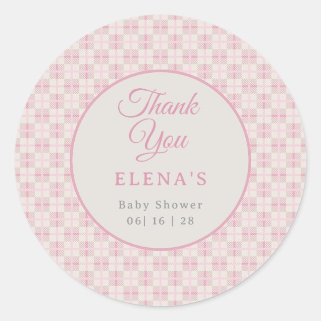 Preppy Pink Plaid Baby Shower  Runder Aufkleber (Vorderseite)