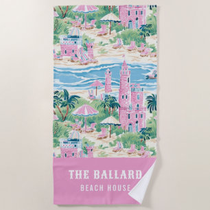 Preppy Pink Sand Castle Beach House Strandtuch