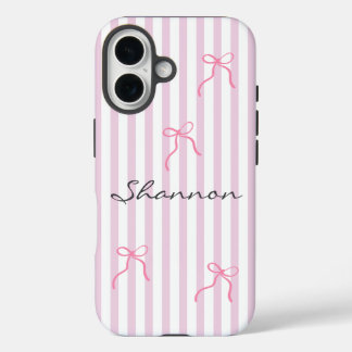 Preppy Pink Stripe and Bow Personalized  iPhone 16 Hülle