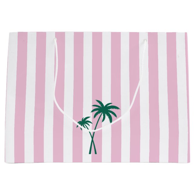 Preppy Pink Stripe und Palm Tree Große Geschenktüte (Vorderseite)