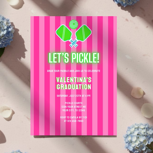 Preppy Pink Striped Green Pickleball Graduation Einladung (Von Creator hochgeladen)