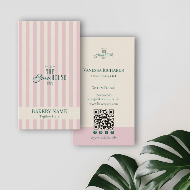 Preppy Pink Stripes Green Bakery Logo QR Code  Visitenkarte (Von Creator hochgeladen)