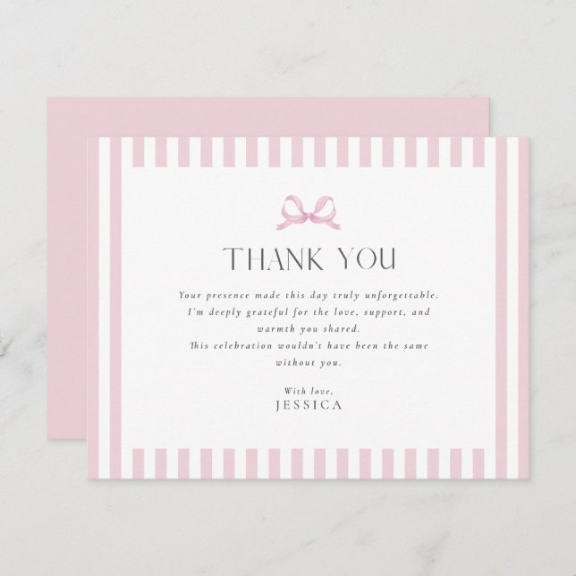 Preppy Pink Striping Bow Baby Dusche Danke Karte (Vorne/Hinten)
