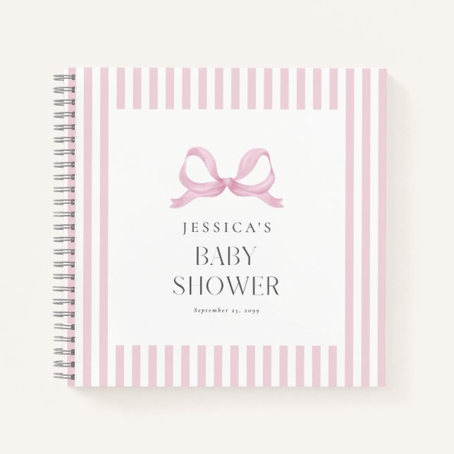 Preppy Pink Striping Bow Baby Showbook Notizbuch (Vorderseite)