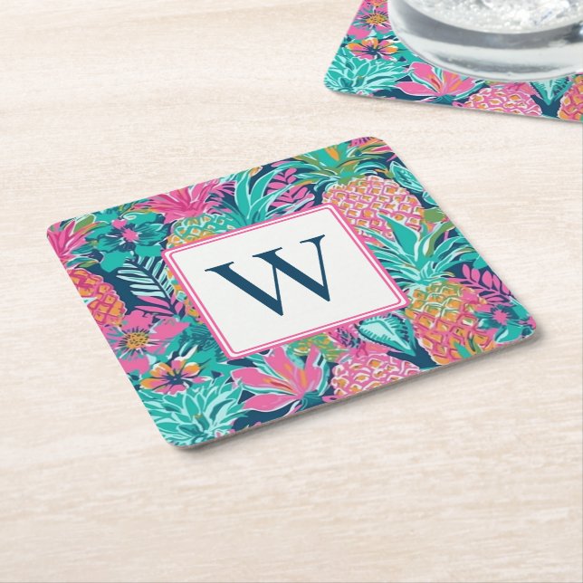 Preppy Pink Teal Navy Blue Pineapple Monogram Rechteckiger Pappuntersetzer (angewinkelt)