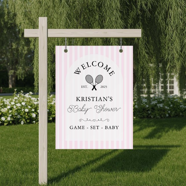 Preppy Pink Tennis Baby Dusche Willkommen Poster (elegant pink and white striped baby shower welcome sign on arch with chic tennis theme motif)