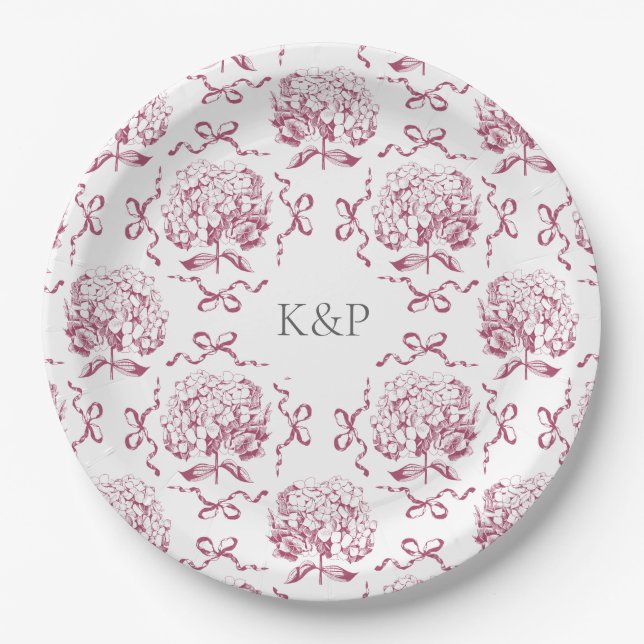 Preppy Pink Toile Hydrangea Bow mit Namen Pappteller (Vorderseite)