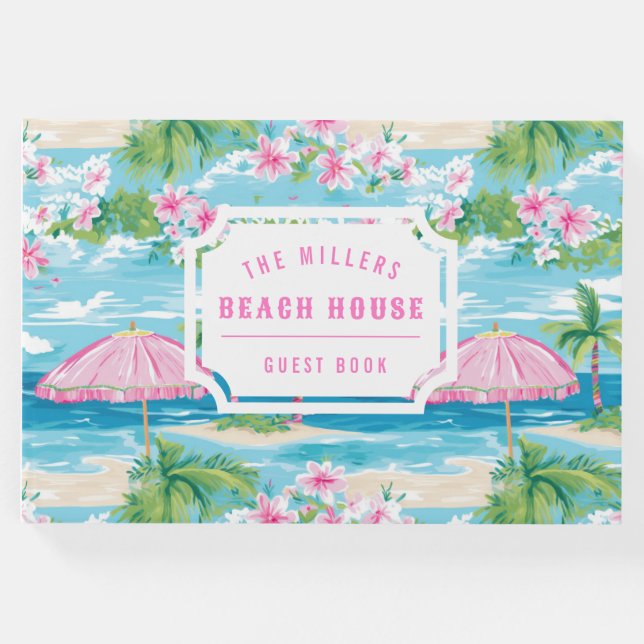Preppy Pink Umbrella | Beach House Guest Book Gästebuch (Vorderseite)