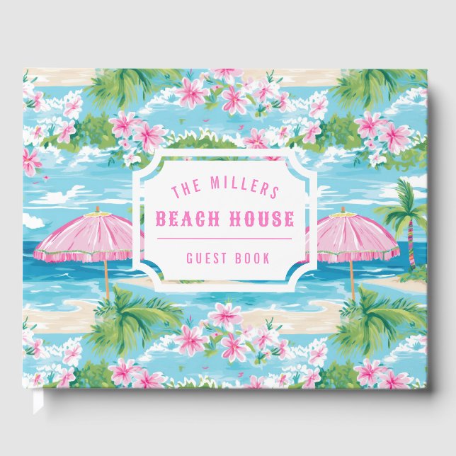 Preppy Pink Umbrella | Beach House Guest Book Gästebuch (Vorderseite)